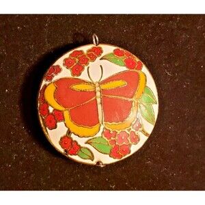 Vintage Cloisonne Enamel Butterfly Flower Double Sided Pendant red/yellow/green